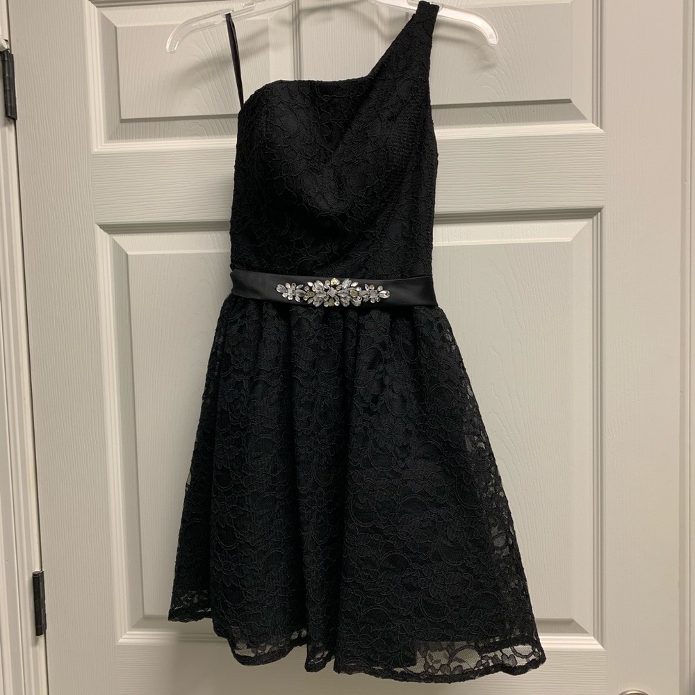 Mori Lee Black Lace One Shoulder Dress